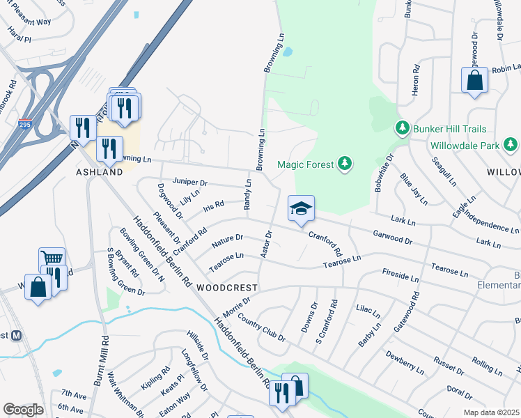 map of restaurants, bars, coffee shops, grocery stores, and more near 302 Garwood Place in Cherry Hill