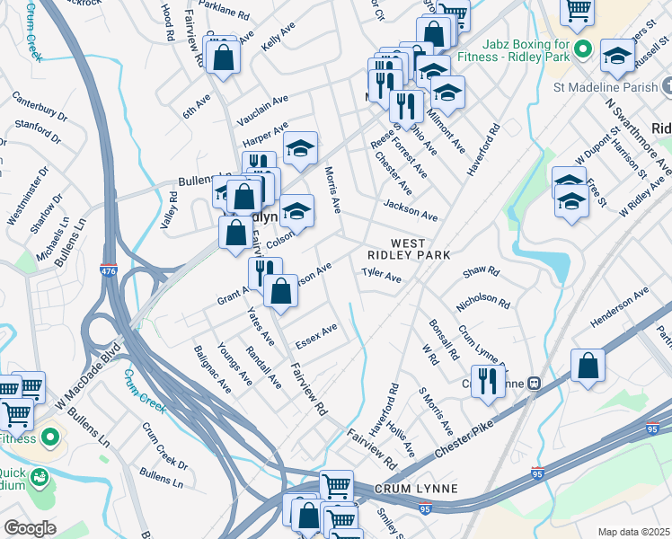 map of restaurants, bars, coffee shops, grocery stores, and more near 1120 Jefferson Avenue in Woodlyn