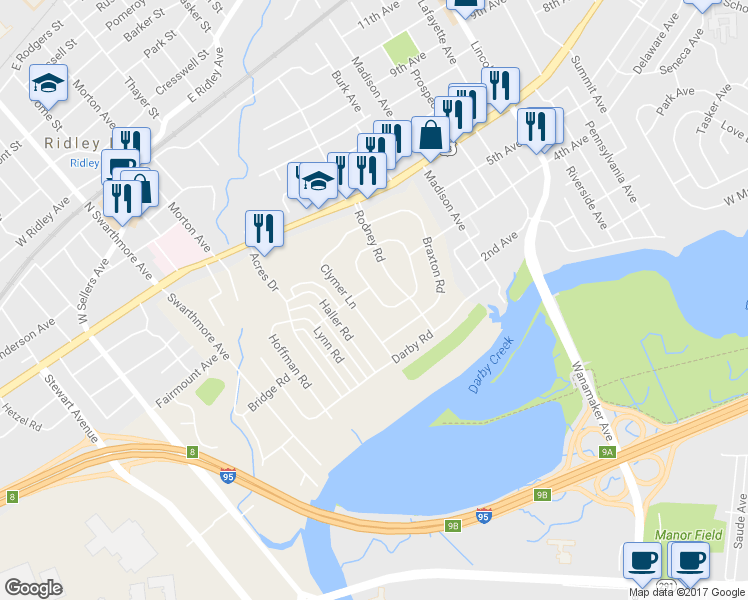 map of restaurants, bars, coffee shops, grocery stores, and more near 635 Stockton Circle in Ridley Park