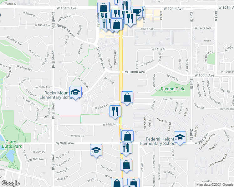 map of restaurants, bars, coffee shops, grocery stores, and more near 9834 Grove Street in Westminster
