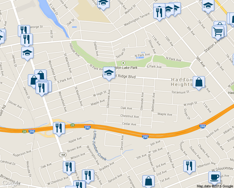 map of restaurants, bars, coffee shops, grocery stores, and more near 1622 West High Street in Haddon Heights