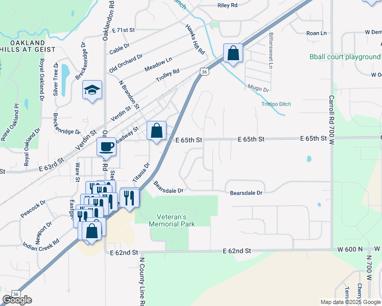 map of restaurants, bars, coffee shops, grocery stores, and more near 6451 Blakeview Drive in Indianapolis