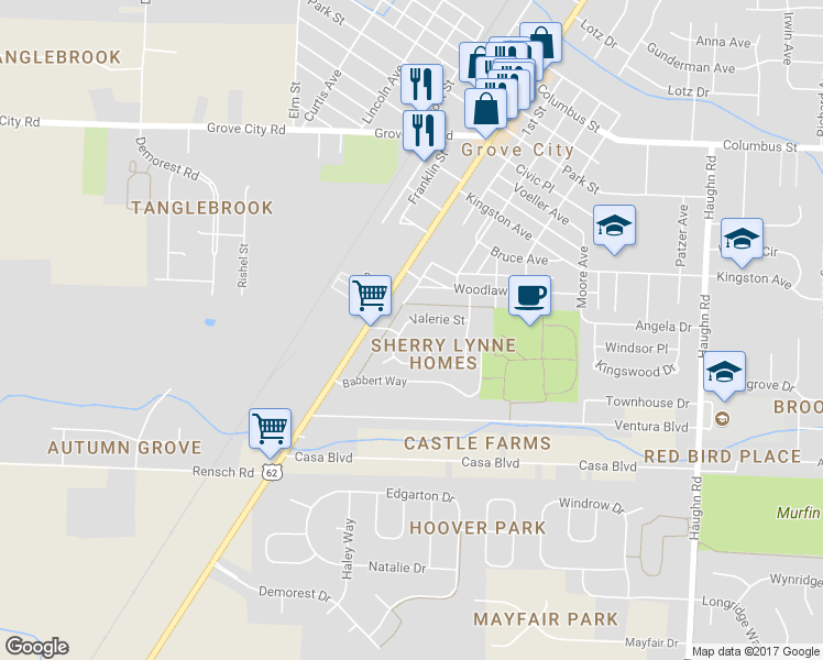 map of restaurants, bars, coffee shops, grocery stores, and more near 4330 Joseph Street in Grove City
