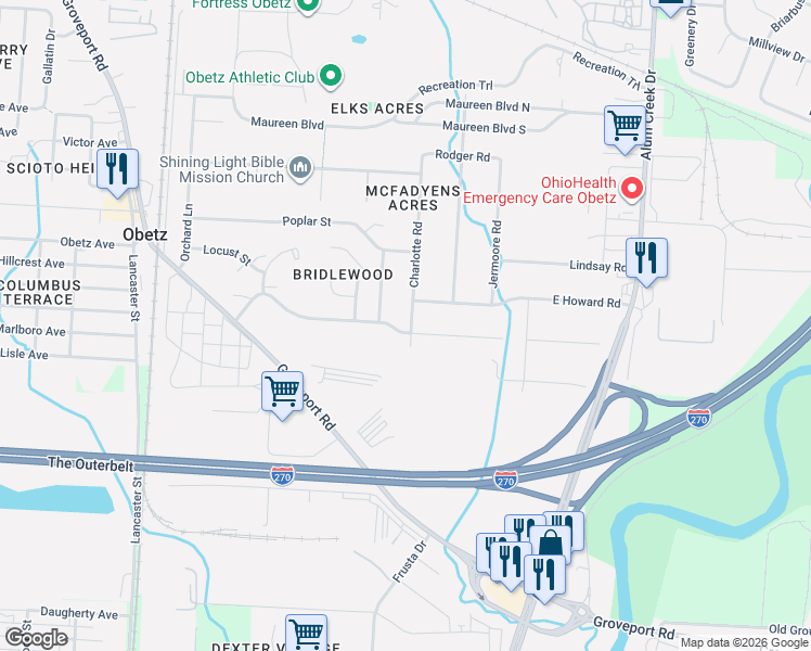 map of restaurants, bars, coffee shops, grocery stores, and more near 4475 Charlotte Road in Obetz