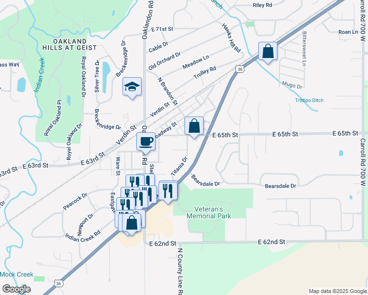 map of restaurants, bars, coffee shops, grocery stores, and more near 6474 Titania Drive in Indianapolis