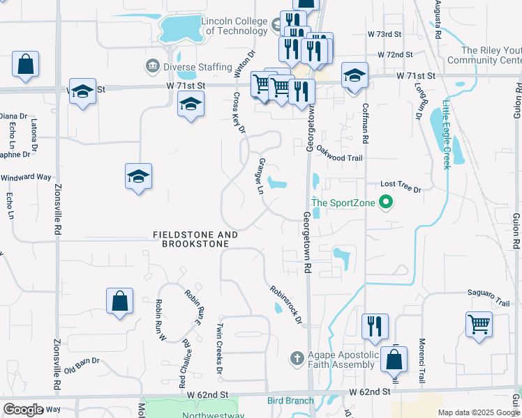 map of restaurants, bars, coffee shops, grocery stores, and more near 6624 Pike View Drive in Indianapolis