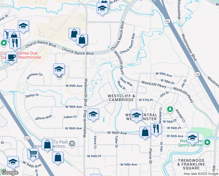map of restaurants, bars, coffee shops, grocery stores, and more near 9839 Teller Court in Westminster