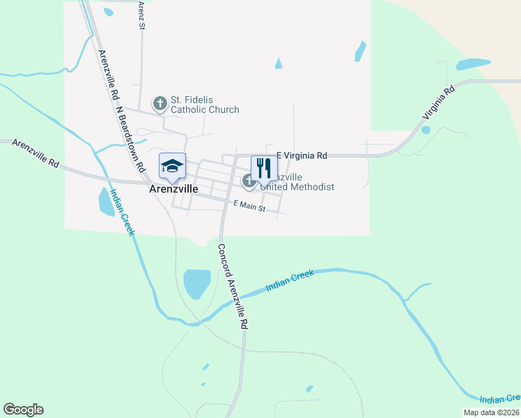 map of restaurants, bars, coffee shops, grocery stores, and more near East Main Street in Arenzville