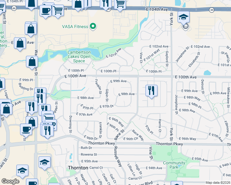 map of restaurants, bars, coffee shops, grocery stores, and more near 9833 Williams Court in Thornton