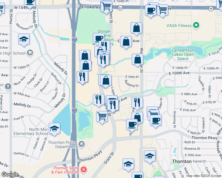 map of restaurants, bars, coffee shops, grocery stores, and more near 9887 Logan Street in Thornton