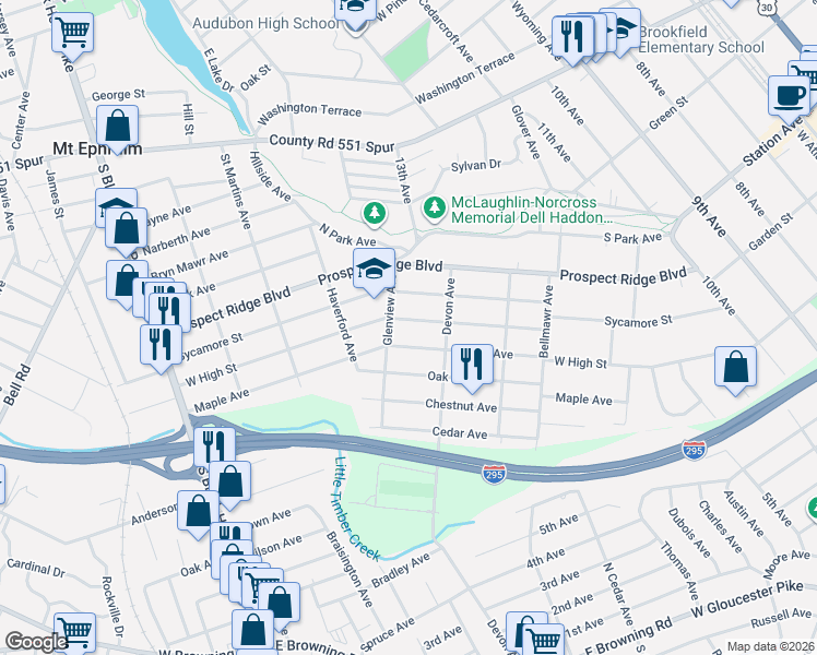 map of restaurants, bars, coffee shops, grocery stores, and more near 1622 West High Street in Haddon Heights