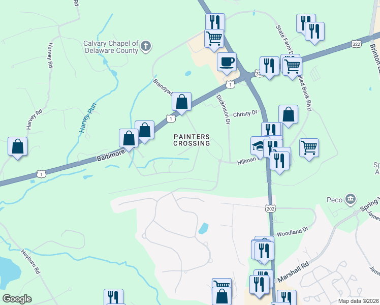 map of restaurants, bars, coffee shops, grocery stores, and more near 1701 Painters Crossing in Chadds Ford