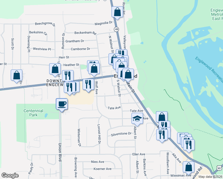 map of restaurants, bars, coffee shops, grocery stores, and more near 124 Chestnut Street in Englewood