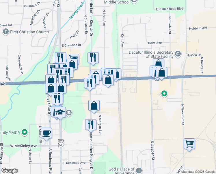 map of restaurants, bars, coffee shops, grocery stores, and more near 753 Pershing Road in Decatur