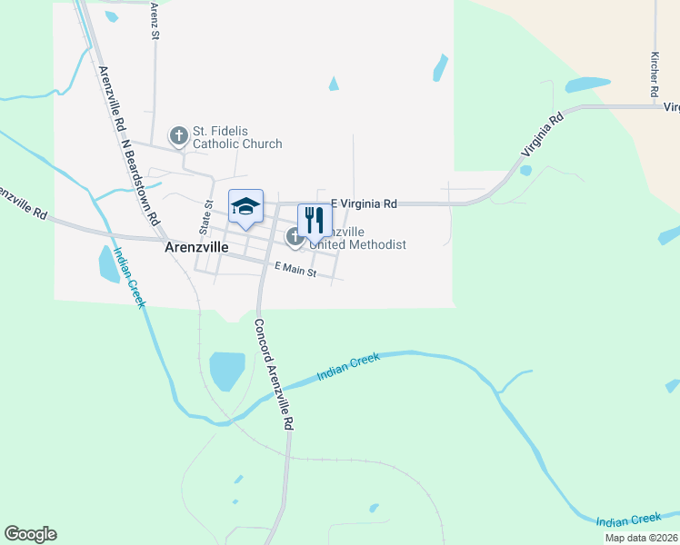 map of restaurants, bars, coffee shops, grocery stores, and more near East Main Street in Arenzville