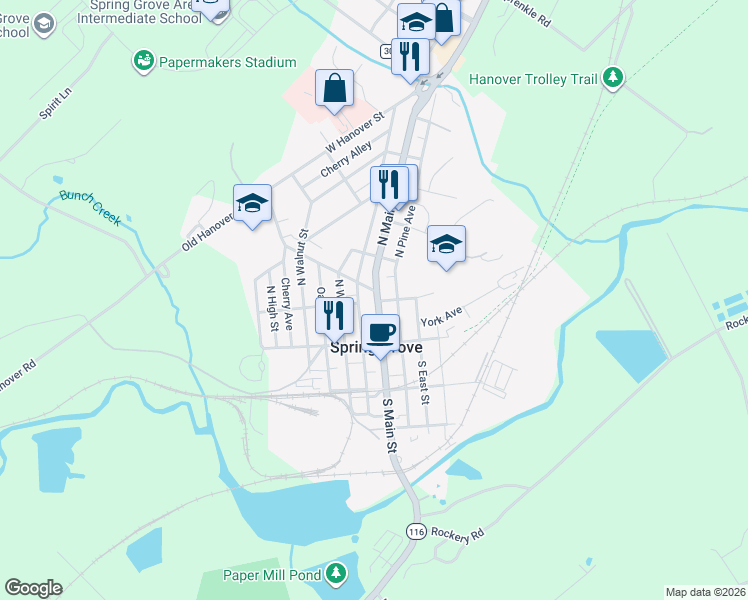 map of restaurants, bars, coffee shops, grocery stores, and more near 88 North Main Street in Spring Grove