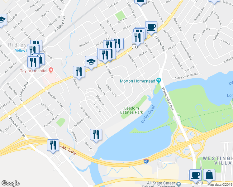 map of restaurants, bars, coffee shops, grocery stores, and more near 632 Stockton Circle in Ridley Park