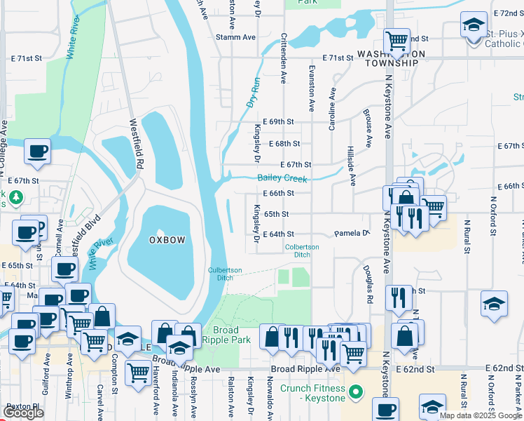 map of restaurants, bars, coffee shops, grocery stores, and more near 1808 East 65th Street in Indianapolis