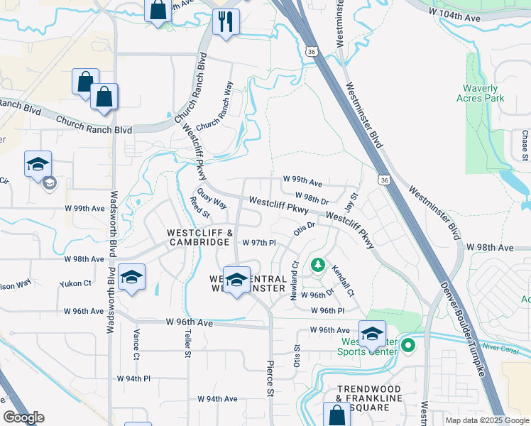 map of restaurants, bars, coffee shops, grocery stores, and more near 6760 West 98th Circle in Westminster