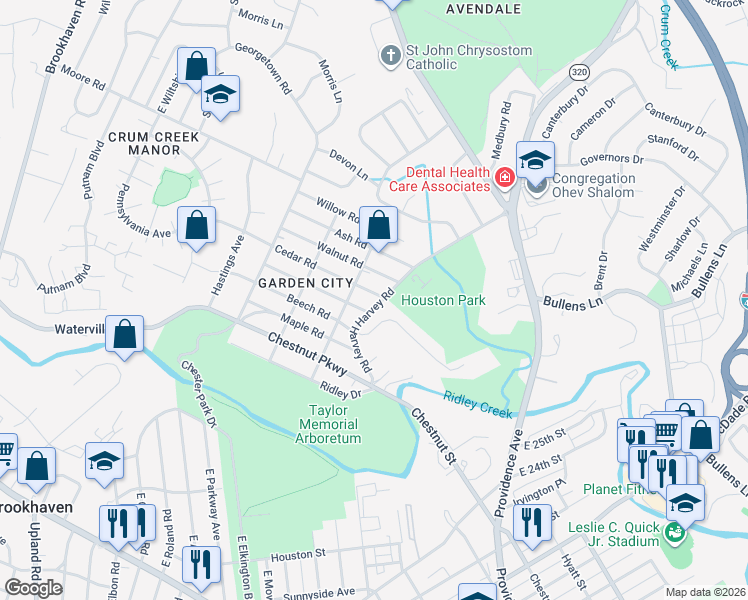 map of restaurants, bars, coffee shops, grocery stores, and more near 6 Cedar Road in Nether Providence Township