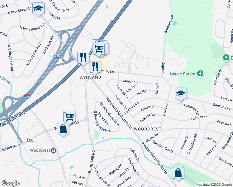 map of restaurants, bars, coffee shops, grocery stores, and more near 1512 Pleasant Drive in Cherry Hill