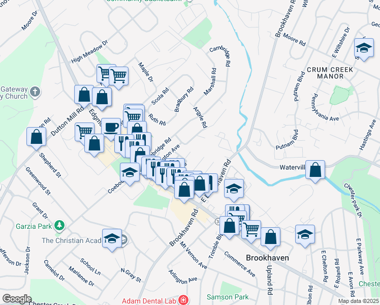 map of restaurants, bars, coffee shops, grocery stores, and more near 212 East Maple Avenue in Brookhaven
