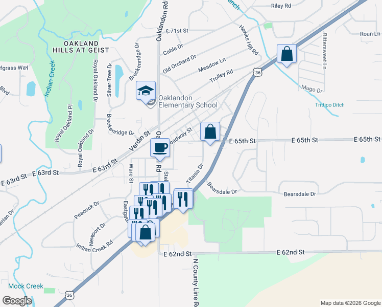 map of restaurants, bars, coffee shops, grocery stores, and more near 11942 Titania Circle in Indianapolis