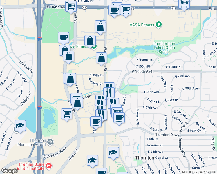 map of restaurants, bars, coffee shops, grocery stores, and more near 803 East 98th Avenue in Thornton