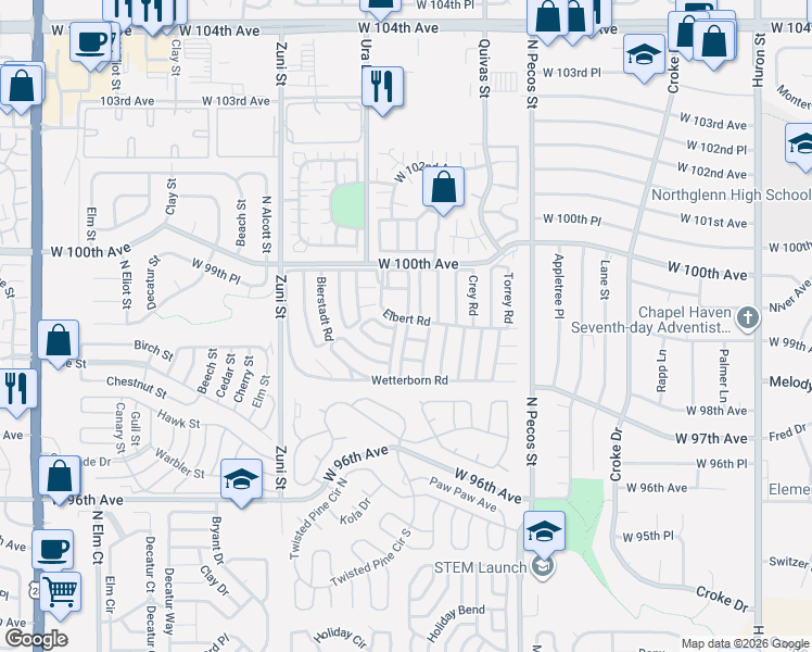 map of restaurants, bars, coffee shops, grocery stores, and more near 2100 West 100th Avenue in Thornton