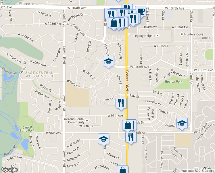 map of restaurants, bars, coffee shops, grocery stores, and more near 3400 West 98th Drive in Westminster