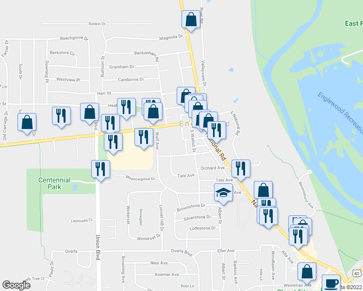 map of restaurants, bars, coffee shops, grocery stores, and more near 124 Chestnut Street in Englewood