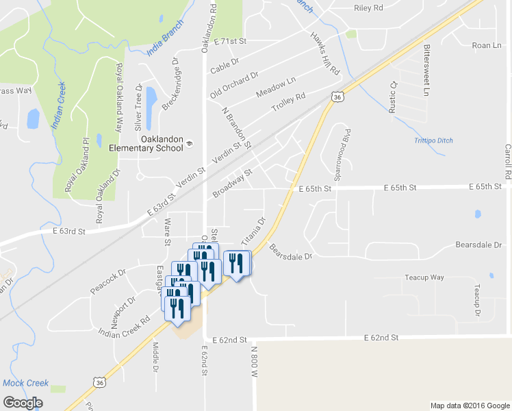 map of restaurants, bars, coffee shops, grocery stores, and more near 12004 Titania Circle in Indianapolis