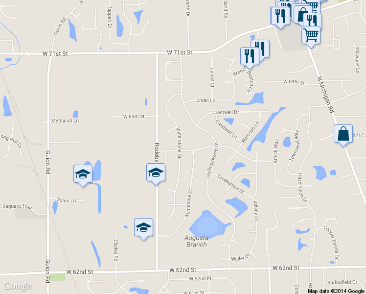 map of restaurants, bars, coffee shops, grocery stores, and more near 3458 Waterloo Drive in Indianapolis