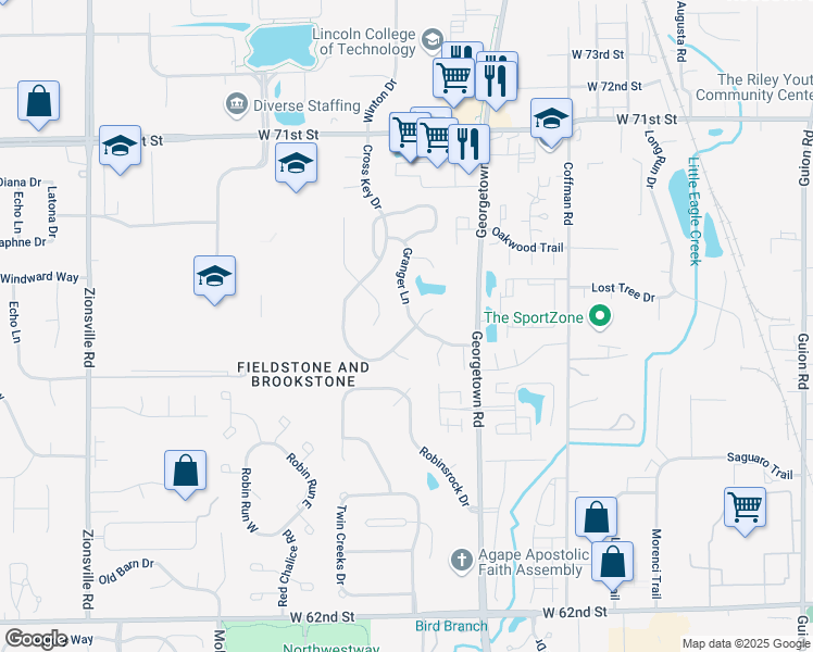map of restaurants, bars, coffee shops, grocery stores, and more near 6624 Pike View Drive in Indianapolis
