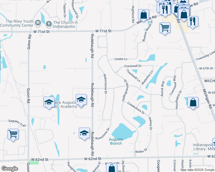 map of restaurants, bars, coffee shops, grocery stores, and more near 3458 Waterloo Drive in Indianapolis