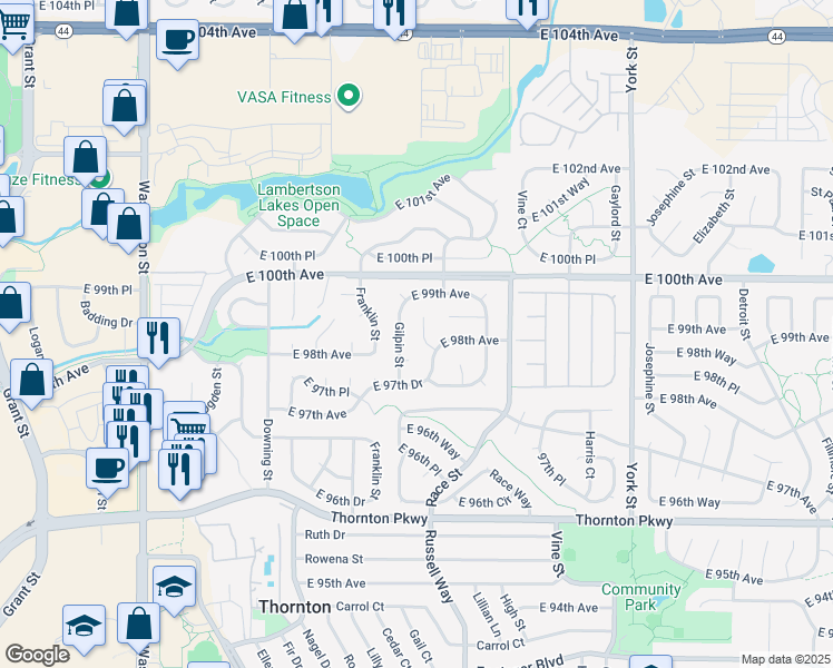 map of restaurants, bars, coffee shops, grocery stores, and more near 9833 Williams Court in Thornton