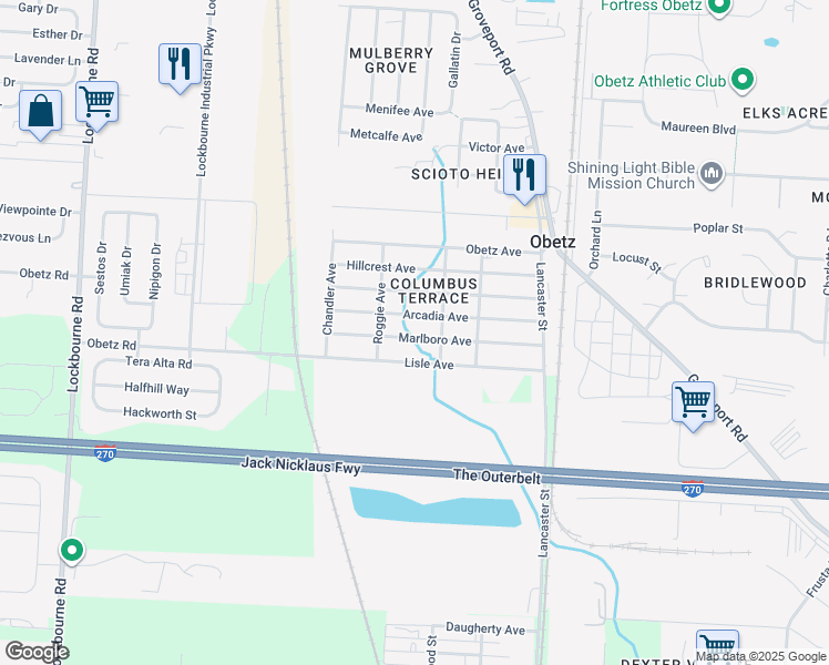 map of restaurants, bars, coffee shops, grocery stores, and more near 1702 Marlboro Avenue in Obetz