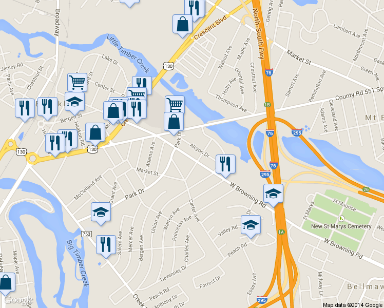map of restaurants, bars, coffee shops, grocery stores, and more near 1015 West Browning Road in Bellmawr