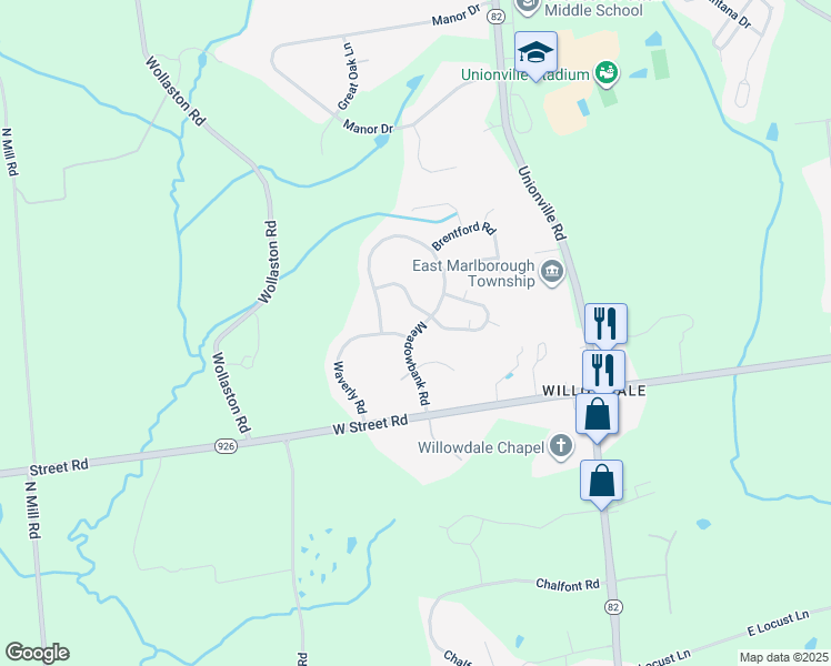 map of restaurants, bars, coffee shops, grocery stores, and more near 755 Meadowbank Road in Kennett Square