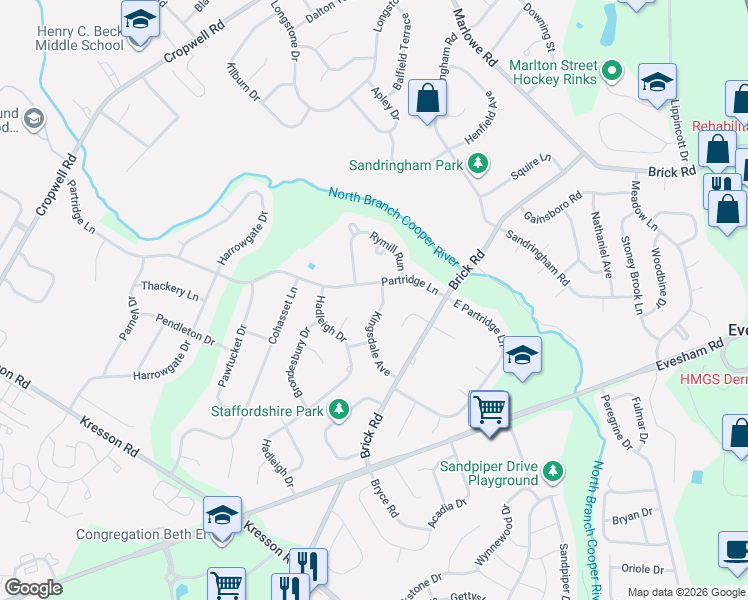 map of restaurants, bars, coffee shops, grocery stores, and more near 100 Kingsdale Avenue in Cherry Hill
