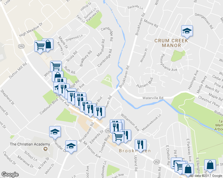 map of restaurants, bars, coffee shops, grocery stores, and more near 316 East Brookhaven Road in Brookhaven