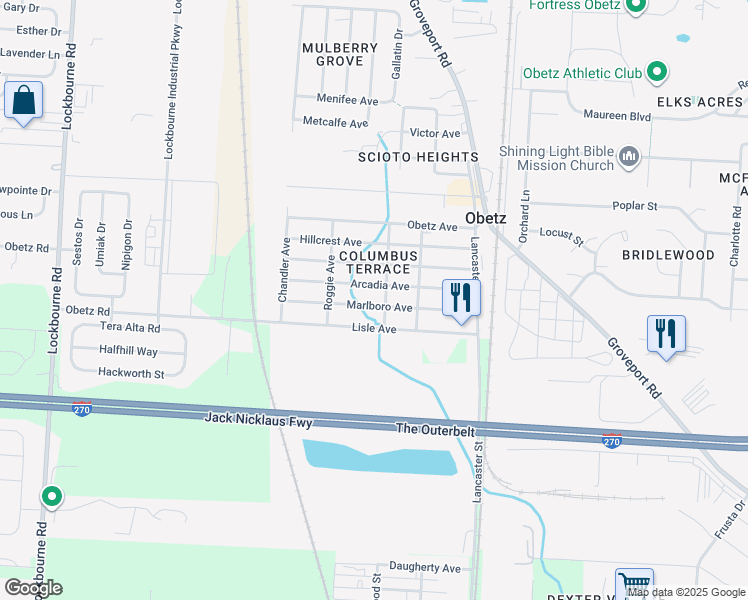 map of restaurants, bars, coffee shops, grocery stores, and more near 1702 Marlboro Avenue in Obetz