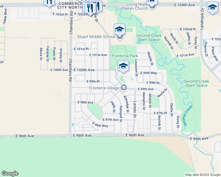 map of restaurants, bars, coffee shops, grocery stores, and more near 15813 East 98th Place in Commerce City