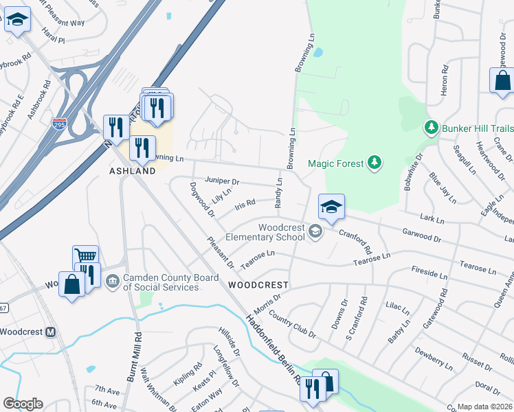 map of restaurants, bars, coffee shops, grocery stores, and more near 316 Iris Road in Cherry Hill