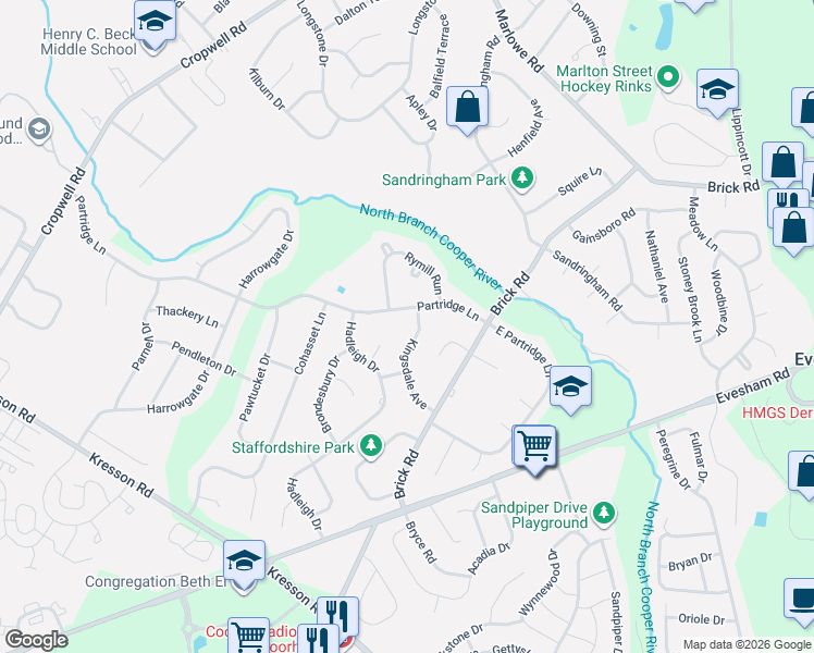 map of restaurants, bars, coffee shops, grocery stores, and more near 100 Kingsdale Avenue in Cherry Hill