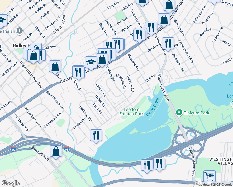 map of restaurants, bars, coffee shops, grocery stores, and more near 632 Stockton Circle in Ridley Park