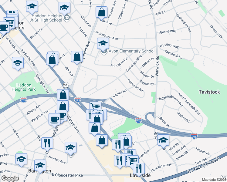 map of restaurants, bars, coffee shops, grocery stores, and more near 1008 Copley Place North in Haddonfield