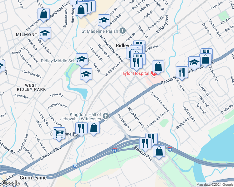 map of restaurants, bars, coffee shops, grocery stores, and more near 102 Poplar Walk in Ridley Park