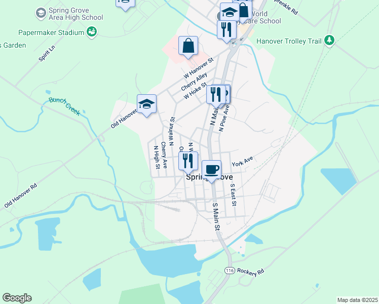map of restaurants, bars, coffee shops, grocery stores, and more near 120 North Water Street in Spring Grove