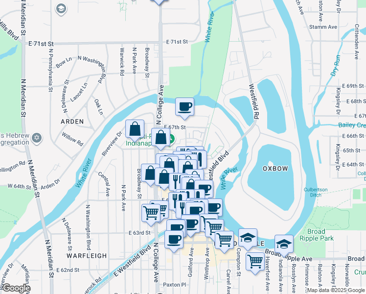map of restaurants, bars, coffee shops, grocery stores, and more near 902 East 66th Street in Indianapolis